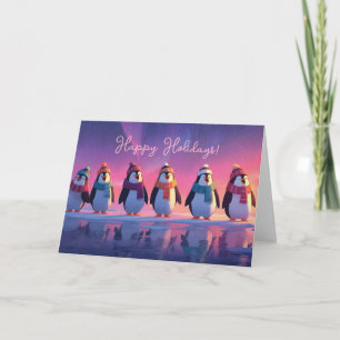 Tarjeta Pingüinos Cantando Bajo una Vibrante Aurora Ártica