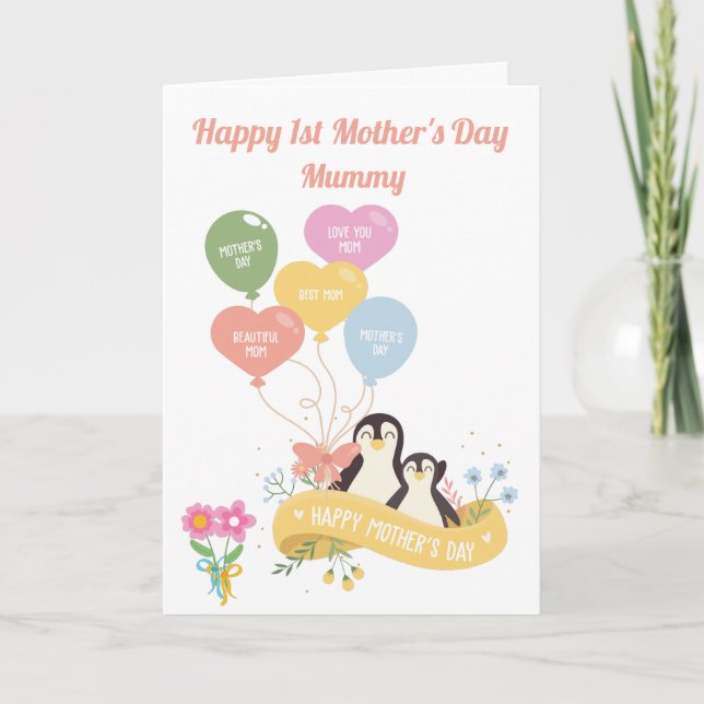 Tarjeta Pingüinos Cutos Primer Día de la Madre (Anverso)