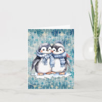 Pingüinos de acuarela azul de invierno con bufanda