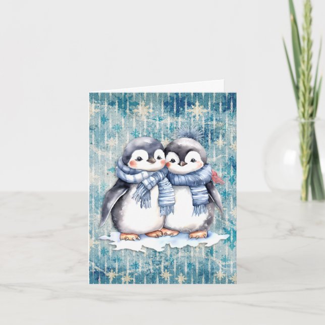 Tarjeta Pingüinos de acuarela azules de invierno con bufan (Anverso)