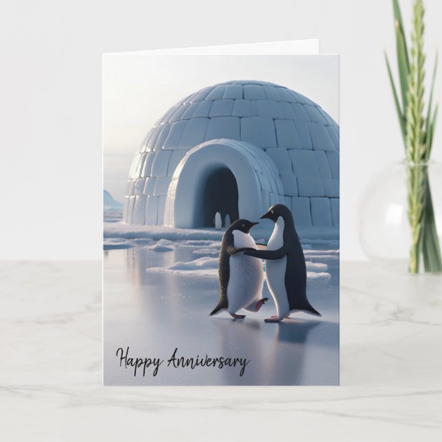 Tarjeta Pingüinos de aniversario bailando lento (Anverso)
