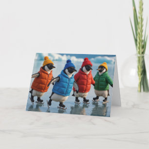 Tarjeta Pingüinos de cumpleaños patinando sobre hielo en u