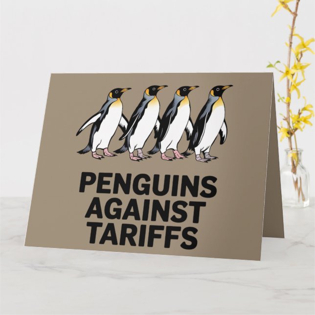 Tarjeta Pingüinos de época protestan contra aranceles dive (flor amarilla)