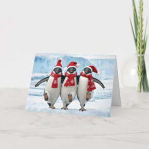 Tarjeta Pingüinos de Navidad bailando en glaciar ártico