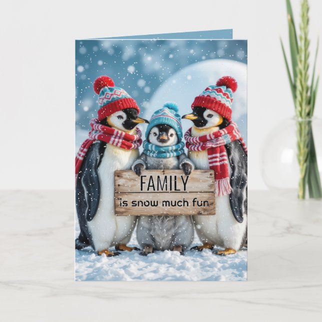 Tarjeta Pingüinos familiares con Rótulo de madera (Anverso)