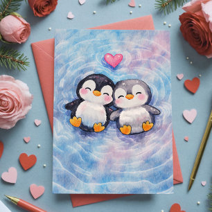 Tarjeta Pingüinos Flotan En Amor Dulce San Valentín Acuare