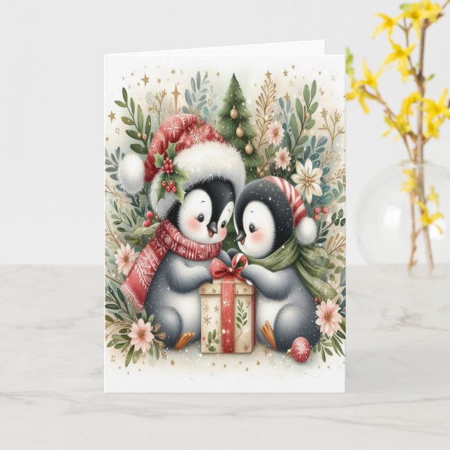 Tarjeta Pingüinos navidades 5 (flor amarilla)