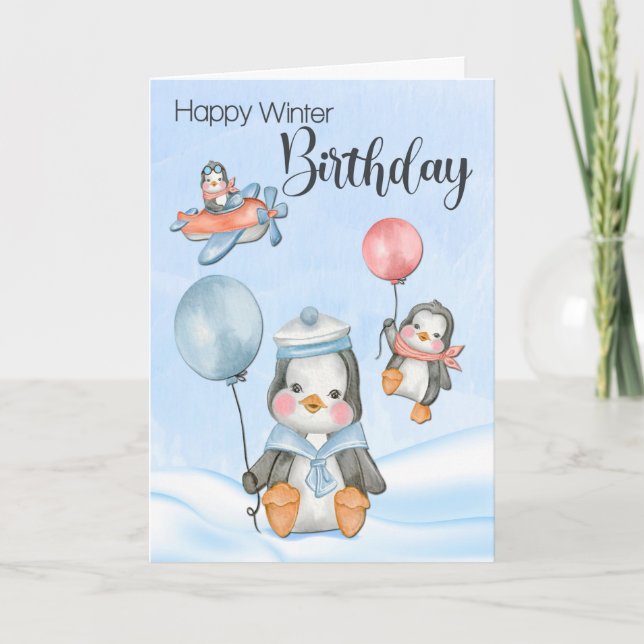 Tarjeta Pingüinos pequeños para el cumpleaños de invierno (Anverso)