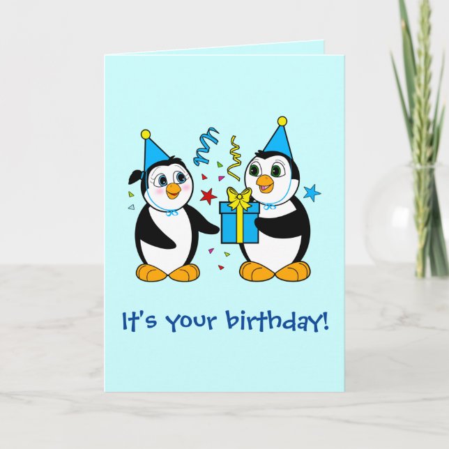 Tarjeta Pingüinos Personalizados de cumpleaños con regalo (Anverso)