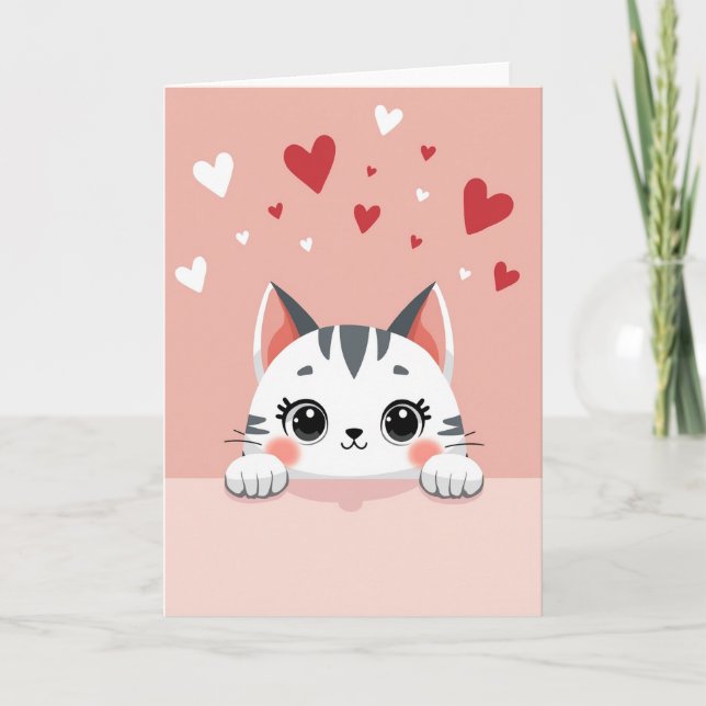 Tarjeta Pink Adorable Cat Valentines Card (Anverso)