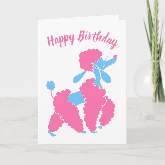 Tarjeta Pink and Blue Poodle Happy Birday (Anverso)