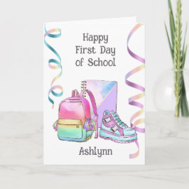 Tarjeta Pink Blue Purple Feliz primer día de clases