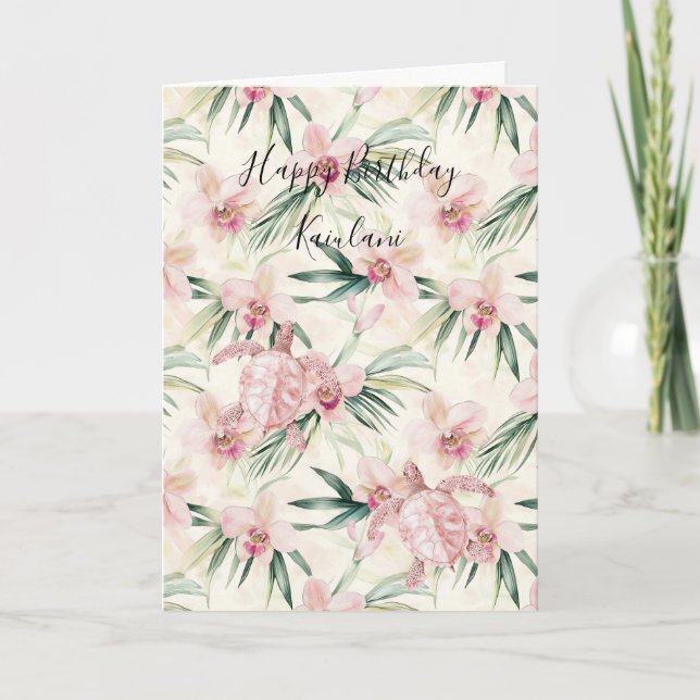 Tarjeta Pink Blush Stripes Orchid Sea Turtle Birthday (Anverso)