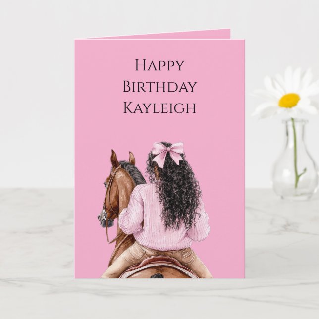 Tarjeta Pink Bow Brown Horse Black Hair Chica Cumpleaños (Planta pequeña)