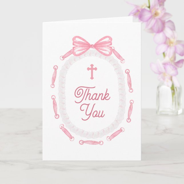 Tarjeta Pink Bow Frame Holy Cross Religious Thank You (Orquídea)