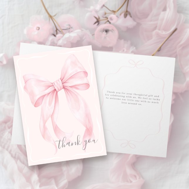 Tarjeta Pink Bow Girl Baby Shower Thank You  (Pink Bow Baby Shower Thank You Card)