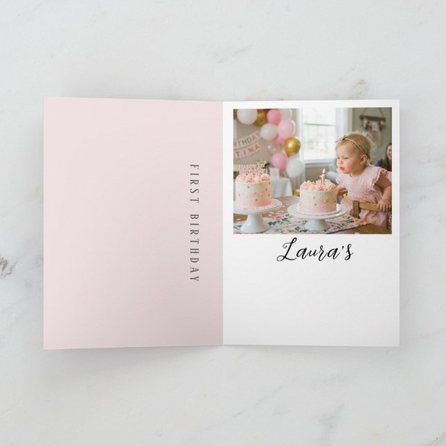 Tarjeta Pink Bow Girl First Birthday Party Thank You Card (Interior)