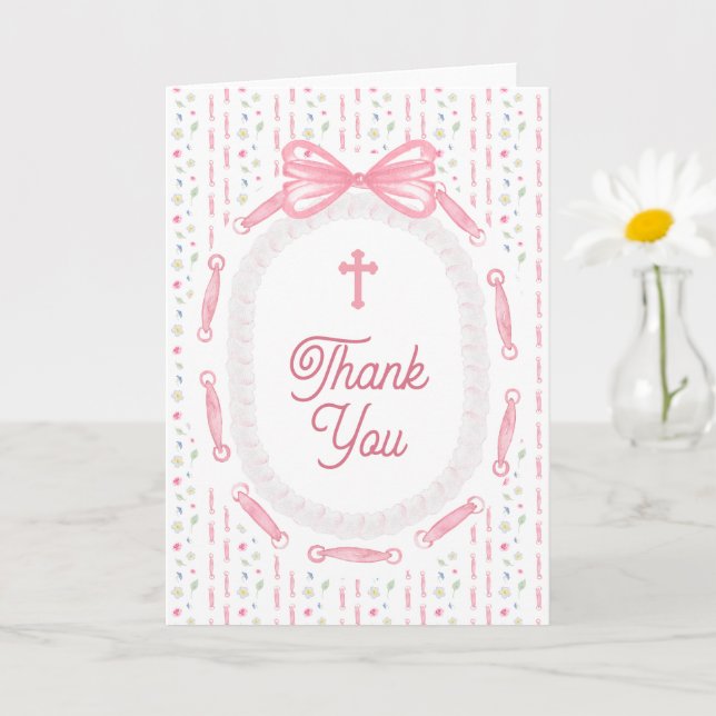 Tarjeta Pink Bow Ribbon Frame Floral Religious Thank You (Planta pequeña)