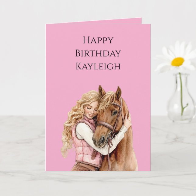 Tarjeta Pink Brown Horse Blond Hair Chica Cumpleaños (Planta pequeña)