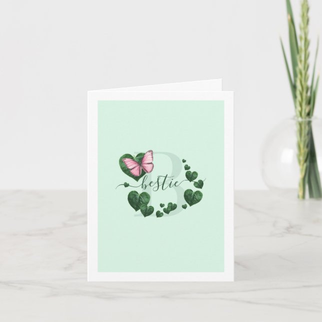 Tarjeta Pink Butterfly with Heart Leaves Bestie Card (Anverso)