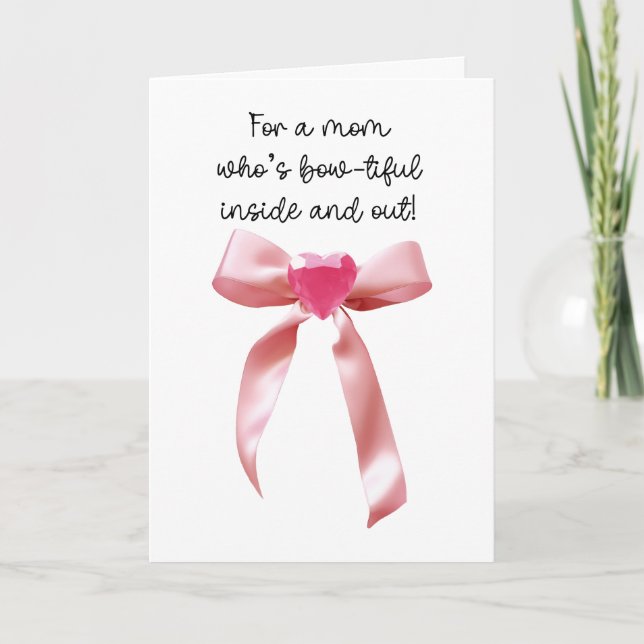 Tarjeta Pink Coquette Bow Heart Gem Mom (Anverso)