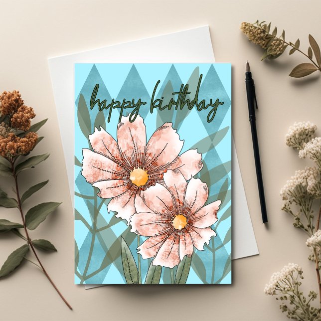 Tarjeta Pink Cosmos Birthday (Unique Birthday Cards: Geometric and Flat Art styles featuring florals, animals, and modern designs
)