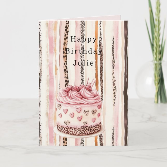 Tarjeta Pink Cream Hearts Leopard Animal Cake Birthday (Anverso)
