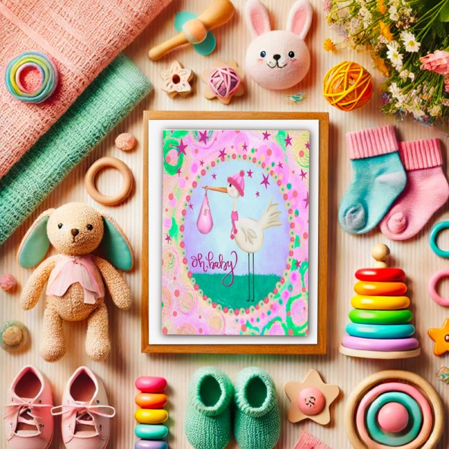 Tarjeta Pink Cute Stork Whimsical Oh Baby Girl (Subido por el creador)