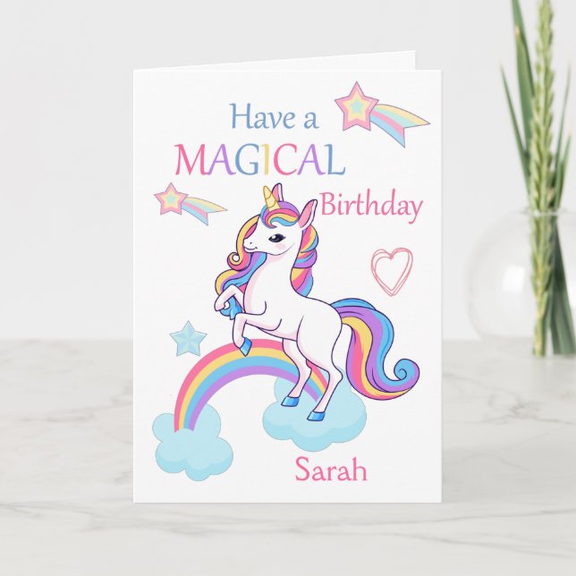 Tarjeta Pink de cumpleaños mágico de Unicornio (Anverso)