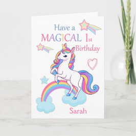 Tarjeta Pink del primer cumpleaños de unicornio mágico