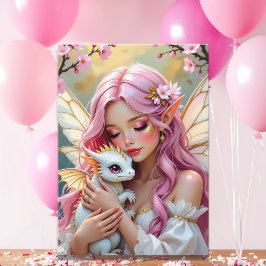 Tarjeta Pink Elven Fairy & White Dragon | Happy Birthday