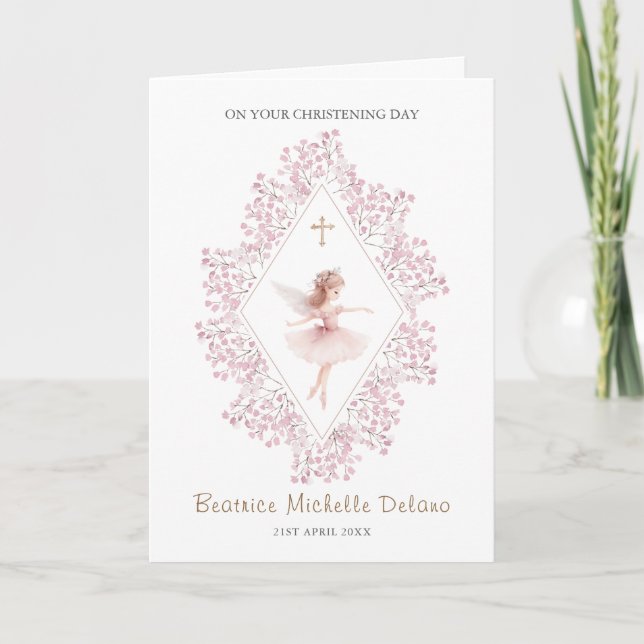 Tarjeta Pink Fairy Floral Cross on Your Christening Day (Anverso)