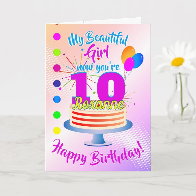 Tarjeta PINK Feliz 10º Cumpleaños | Editable (Planta pequeña)
