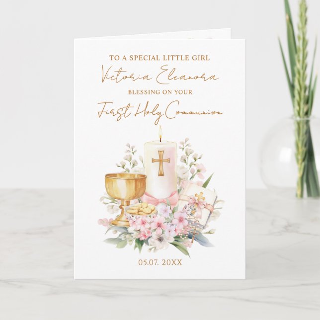 Tarjeta Pink First Holy Communion Chalice Candle (Anverso)