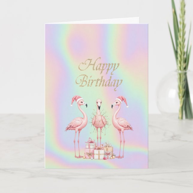 Tarjeta  Pink Flamingos Santa Hat Holographic Birthday  (Anverso)