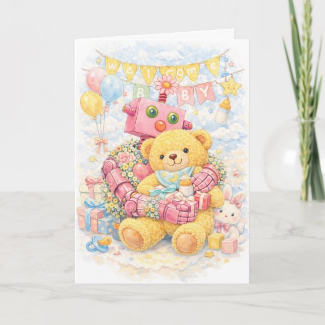 Tarjeta Pink Flower Robot & Teddy – Welcome Baby Shower (Anverso)