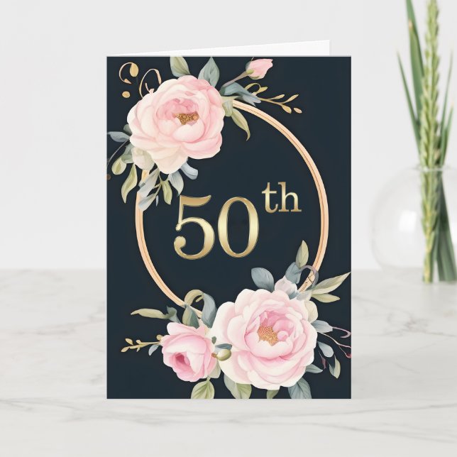 Tarjeta Pink Flowers on Black 50th Wedding Anniversary (Anverso)