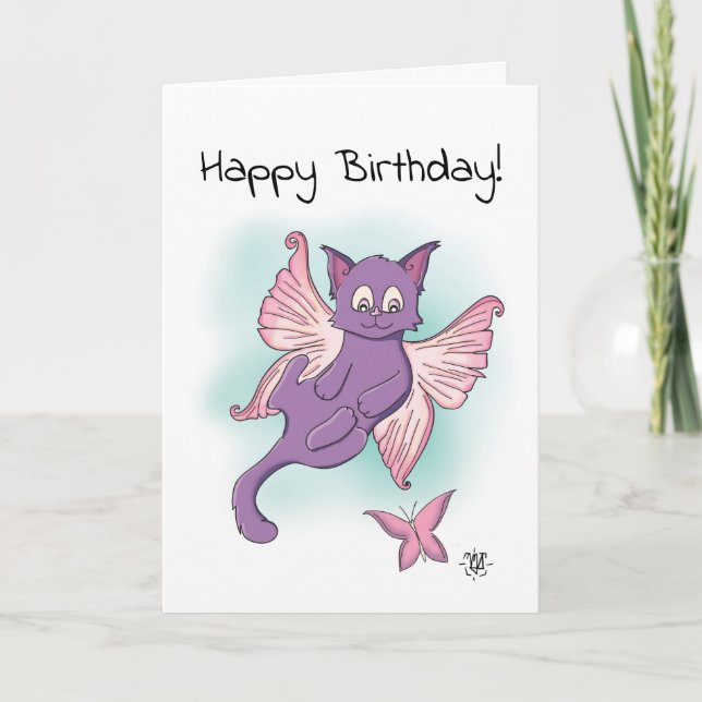 Tarjeta Pink Flying Kitten Feliz cumpleaños (Anverso)