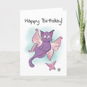 Tarjeta Pink Flying Kitten Feliz cumpleaños