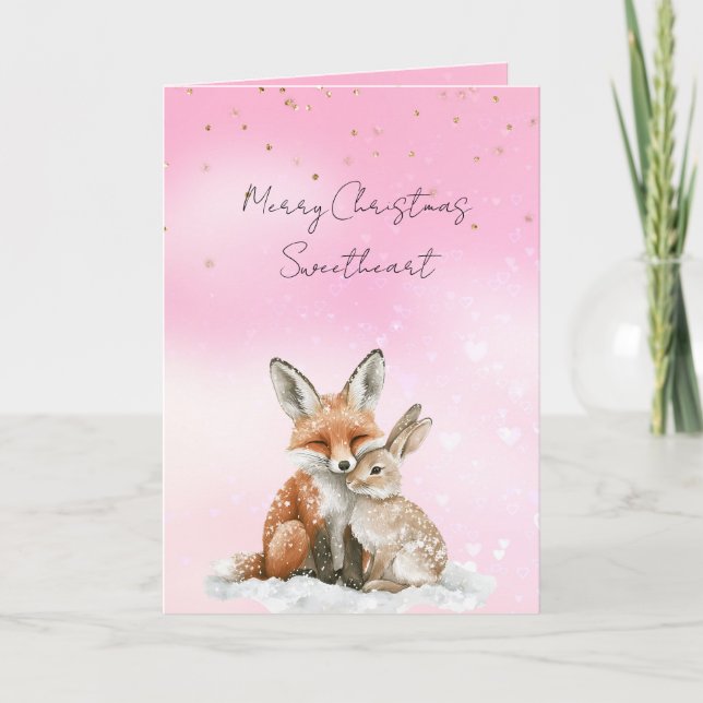 Tarjeta Pink Fox Bunny Love Glitter Sweetheart Christmas (Anverso)