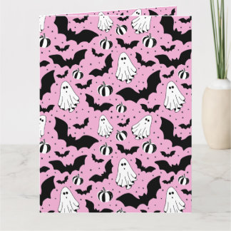 Tarjeta Pink ghosts, bats and pumpkins