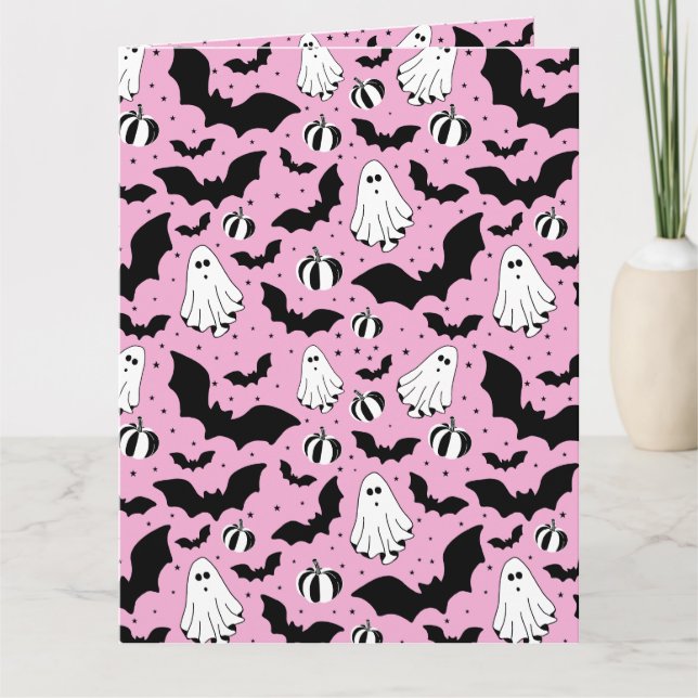 Tarjeta Pink ghosts, bats and pumpkins (Anverso)
