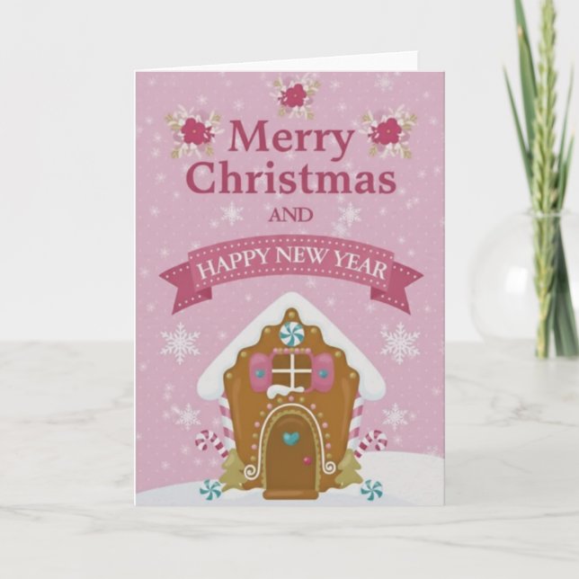 Tarjeta Pink Gingerbread House Merry Christmas Card (Anverso)