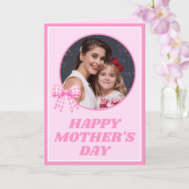 Tarjeta Pink Gingham Bow Photo Mother's Day Card (Orquídea)