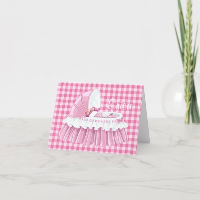 Tarjeta Pink Gingham Rufled Bassinet Blank Notecard (Anverso)