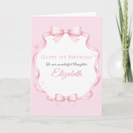Tarjeta Pink Gingham Watercolor Bow Girl Birthday Card