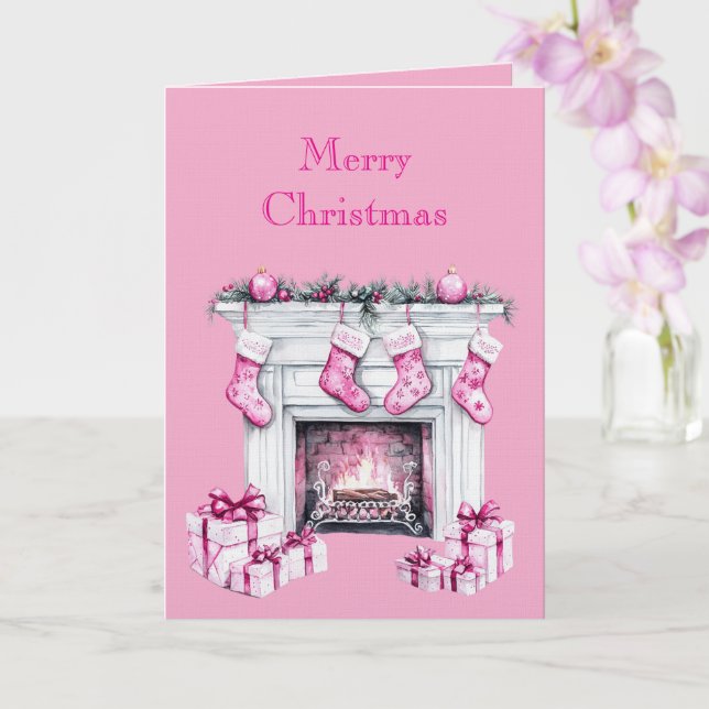 Tarjeta Pink Glam Christmas Stocking Fireplace (Orquídea)