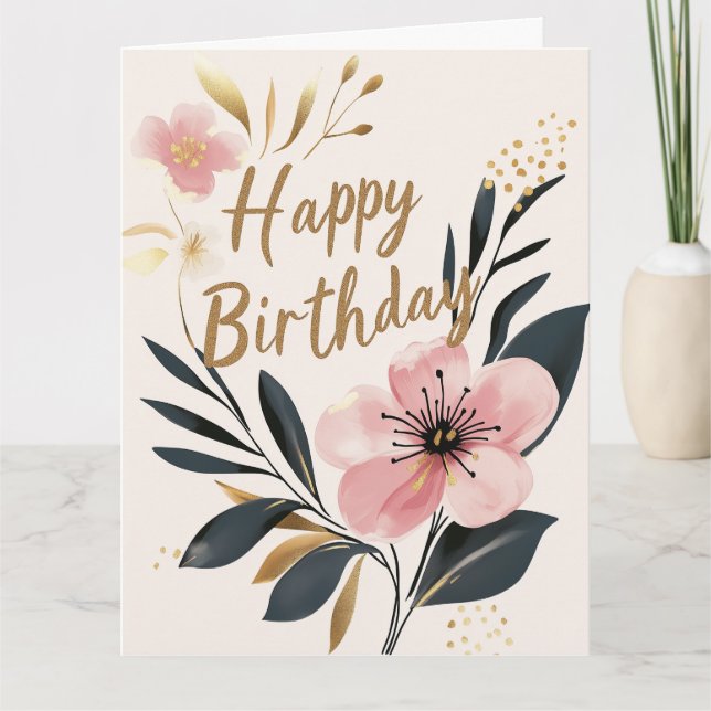 Tarjeta Pink Gold Floral Happy Birday (Anverso)