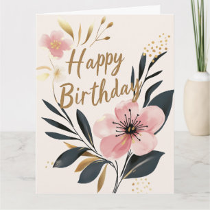 Tarjeta Pink Gold Floral Happy Birday