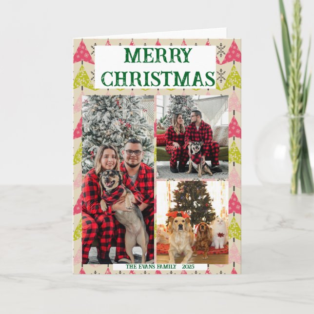 Tarjeta Pink & green Christmas trees with snowflakes (Anverso)